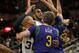 SAN ANTONIO,TX - FEBRUARY 3: Omer Asik #3 of the New Orleans Pelicans grabs David West #30 of the San Antonio Spurs while Anthony Davis #23 of the New Orleans Pelicans tries to block shot of LaMarcus Aldridge #12 of the San Antonio Spurs at AT&T Center on