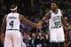 BOSTON, MA - NOVEMBER 13: Isaiah Thomas #4 of the Boston Celtics and Jae Crowder #99 celebrate during the fourth quarter against the Atlanta Hawks at TD Garden on November 13, 2015 in Boston, Massachusetts. The Celtics defeat the Hawks 106-93. NOTE TO US