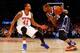 NEW YORK, NY - JANUARY 26: (NEW YORK DAILIES OUT) Kevin Durant #35 of the Oklahoma City Thunder in action against Lance Thomas #42 of the New York Knicks at Madison Square Garden on January 26, 2016 in New York City. The Thunder defeated the Knicks 12