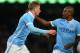 MANCHESTER, ENGLAND - JANUARY 27: (L-R) Kevin De Bruyne of Manchester City is congratulated by teammate Fernandinho after scoring his team;s second goal during the Capital One Cup Semi Final, second leg match between Manchester City and Everton at the E