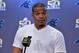 Feb 2, 2016; San Jose, CA, USA; Carolina Panthers quarterback Cam Newton addresses the media at press conference prior to Super Bowl 50 at the San Jose McNery Convention Center. Mandatory Credit: Kirby Lee-USA TODAY Sports