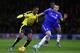 WATFORD, ENGLAND - FEBRUARY 03: Odion Ighalo of Watford is challenged by John Terry of Chelsea during the Barclays Premier League match between Watford and Chelsea at Vicarage Road on February 3, 2016 in Watford, England. (Photo by Clive Mason/Getty Ima