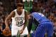 Jan 29, 2016; Boston, MA, USA; Boston Celtics guard Marcus Smart (36) dribbles the ball as Orlando Magic guard Victor Oladipo (5) defends during the second half at TD Garden. Mandatory Credit: Mark L. Baer-USA TODAY Sports