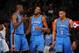 DENVER, CO - JANUARY 19: Serge Ibaka #9 of the Oklahoma City Thunder, Kevin Durant #35 of the Oklahoma City Thunder and Russell Westbrook #0 of the Oklahoma City Thunder talk during the game against the Denver Nuggets on January 19, 2016 at the Pepsi Cen