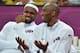 US forward LeBron James (L) chat with US guard Kobe Bryant (R) during the men's preliminary round basketball match USA vs Nigeria of the London 2012 Olympic Games on August 2, 2012 at the basketball arena in London. AFP PHOTO / MARK RALSTON (P
