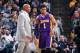 INDIANAPOLIS, IN - FEBRUARY 8: D'Angelo Russell #1 of the Los Angeles Lakers talks with head coach Byron Scott during the game against the Indiana Pacers at Bankers Life Fieldhouse on February 8, 2016 in Indianapolis, Indiana. The Pacers defeated the Lake