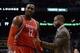 Feb 4, 2016; Phoenix, AZ, USA; Houston Rockets center Dwight Howard (12) and head coach J.B. Bickerstaff interact at Talking Stick Resort Arena. Mandatory Credit: Jennifer Stewart-USA TODAY Sports