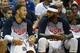 LAS VEGAS, NV - AUGUST 13: (L-R) Blake Griffin #44, DeMarcus Cousins #36 and Dwight Howard of the 2015 USA Basketball Men's National Team laugh on the bench during a USA Basketball showcase at the Thomas & Mack Center on August 13, 2015 in Las Vegas, Nev