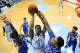 CHAPEL HILL, NC - MARCH 07: Jahlil Okafor #15 of the Duke Blue Devils blocks a shot by Kennedy Meeks #3 of the North Carolina Tar Heels during their game at the Dean Smith Center on March 7, 2015 in Chapel Hill, North Carolina. Duke won 84-77. (Photo by