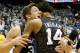 CHAPEL HILL, NC - FEBRUARY 17: Teammates Grayson Allen #3 and Brandon Ingram #14 of the Duke Blue Devils celebrate after defeating the North Carolina Tar Heels 74-73 after their game at Dean Smith Center on February 17, 2016 in Chapel Hill, North Carolin
