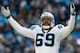 CHARLOTTE, NC - JANUARY 17: Jared Allen #69 of the Carolina Panthers celebrates during the second quarter of the NFC Divisional Playoff Game against the Seattle Seahawks at Bank of America Stadium on January 17, 2016 in Charlotte, North Carolina. (Photo
