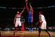 WASHINGTON, DC - FEBRUARY 19: Tobias Harris #34 of the Detroit Pistons shoots against Markieff Morris #5 of the Washington Wizards on February 19, 2016 at Verizon Center in Washington, DC. NOTE TO USER: User expressly acknowledges and agrees that, by dow