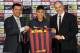 BARCELONA, SPAIN - JUNE 03: Neymar (C) holds his new jersey with the FC Barcelona Vice-President Josep Maria Bartomeu (L) and FC Barcelona Sport Director Andoni Zubizarreta during the official presentation as a new player of the FC Barcelona at Camp Nou