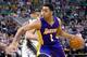 Jan 16, 2016; Salt Lake City, UT, USA; Los Angeles Lakers guard D'Angelo Russell (1) dribbles the ball during the second half against the Utah Jazz at Vivint Smart Home Arena. The Jazz won 109-82. Mandatory Credit: Russ Isabella-USA TODAY Sports