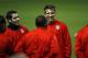 Atletico Madrid's Spanish midfielder Ignacio Camacho (C) laughs with team mates during a training session at Anfield in Liverpool, north west England on November 3, 2008. Atletico Madrid take on Liverpool in their UEFA Champions League football match on N
