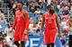 ORLANDO, FL - DECEMBER 23: Dwight Howard #12 of the Houston Rockets and James Harden #13 of the Houston Rockets stand on the court against the Orlando Magic on December 23, 2015 at Amway Center in Orlando, Florida. NOTE TO USER: User expressly acknowledg