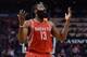 Feb 4, 2016; Phoenix, AZ, USA; Houston Rockets guard James Harden (13) reacts on the court at Talking Stick Resort Arena. Mandatory Credit: Jennifer Stewart-USA TODAY Sports