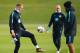 MANCHESTER, ENGLAND - FEBRUARY 26: Joe Hart juggles as ball as Wilfredo Caballero and Vincent Kompany look on during a Manchester City training session at the City Football Academy on February 26, 2016 in Manchester, United Kingdom. (Photo by Alex Lives