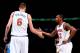 NEW YORK, NY - FEBRUARY 26: Kristaps Porzingis #6 of the New York Knicks high fives his teammate Lance Thomas #42 of the New York Knicks during the game against the Orlando Magic on February 26, 2016 at Madison Square Garden in New York City, New York. N
