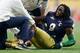 GLENDALE, AZ - JANUARY 01: Linebacker Jaylon Smith #9 of the Notre Dame Fighting Irish lays on the field after an injury during the first quarter of the BattleFrog Fiesta Bowl against the Ohio State Buckeyes at University of Phoenix Stadium on January 1,