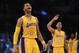 Mar 1, 2016; Los Angeles, CA, USA; Los Angeles Lakers guard D Angelo Russell (1) reacts during the fourth quarter against the Brooklyn Nets at Staples Center. The Los Angeles Lakers won 107-101. Mandatory Credit: Kelvin Kuo-USA TODAY Sports