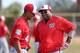 Feb 23, 2016; Viera, FL, USA; Washington Nationals starting pitcher Joe Ross (41) and head coach Dusty Baker talk during a work out at Space Coast Stadium. Mandatory Credit: Logan Bowles-USA TODAY Sports