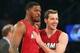 Feb 28, 2016; New York, NY, USA; Miami Heat small forward Joe Johnson (2) and Miami Heat point guard Goran Dragic (7) react against the New York Knicks during the first quarter at Madison Square Garden. Mandatory Credit: Brad Penner-USA TODAY Sports