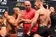 LAS VEGAS, NV - DECEMBER 11: (L-R) UFC featherweight champion Jose Aldo of Brazil and interim UFC featherweight champion Conor McGregor of Ireland face off during the UFC 194 weigh-in inside MGM Grand Garden Arena on December 10, 2015 in Las Vegas, Nevad