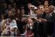 Mar 1, 2016; New York, NY, USA; New York Knicks forward Carmelo Anthony (7) and forward Kristaps Porzingis (6) look on from the bench late in the game against the Portland Trail Blazers during the second half at Madison Square Garden. The Trail Blazers de