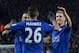 Leicester City's Welsh midfielder Andy King (R) celebrates scoring their second goal with Leicester City's Algerian midfielder Riyad Mahrez (C) during the English Premier League football match between Leicester City and West Bromwich Albion at the King Po