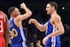 Feb 13, 2016; Toronto, Ontario, Canada; Golden State Warriors guard Klay Thompson (right) celebrates with Stephen Curry (left) after winning the three-point contest during the NBA All Star Saturday Night at Air Canada Centre. Mandatory Credit: Bob Donnan-