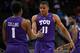KANSAS CITY, MO - MARCH 9: Chauncey Collins #1 and Brandon Parrish #11 of the TCU Horned Frogs celebrate a 67-62 win over the Texas Tech Red Raiders of the first round of the Big 12 Basketball Tournament at Sprint Center on March 9, 2016 Kansas City, Mis