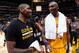 LOS ANGELES, CA - MARCH 10: Kyrie Irving #2 of the Cleveland Cavaliers talks to Kobe Bryant #24 of the Los Angeles Lakers after the game at STAPLES Center on March 10, 2016 in Los Angeles, California. NOTE TO USER: User expressly acknowledges and agrees