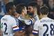Chelsea's Brazilian-born Spanish striker Diego Costa (2nd R) and Everton's English midfielder Gareth Barry clash in the incident leading to Costa's second yellow card during the English FA cup quarter-final football match between Everton and Chelsea at Go
