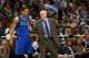 Feb 19, 2016; Orlando, FL, USA; Dallas Mavericks head coach Rick Carlisle reacts with forward Dwight Powell (7) against the Orlando Magic during the second half at Amway Center. Orlando defeated Dallas 110-104. Mandatory Credit: Kim Klement-USA TODAY Spor
