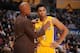 LOS ANGELES, CA - OCTOBER 11: Head coach, Byron Scott of the Los Angeles Lakers speaks with D'Angelo Russell #1 during the preseason game against the Maccabi Haifa on October 11, 2015 at STAPLES CENTER in Los Angeles, California. NOTE TO USER: User expre
