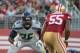 October 22, 2015; Santa Clara, CA, USA; Seattle Seahawks tackle Russell Okung (76) blocks San Francisco 49ers outside linebacker Ahmad Brooks (55) during the first quarter at Levi's Stadium. The Seahawks defeated the 49ers 20-3. Mandatory Credit: Kyle Ter