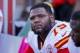 Oct 18, 2015; Minneapolis, MN, USA; Kansas City Chiefs tackle Donald Stephenson (79) looks on from the bench in the last minutes of the game against the Minnesota Vikings at TCF Bank Stadium. The Vikings won 16-10. Mandatory Credit: Bruce Kluckhohn-USA TO