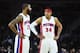 Mar 16, 2016; Auburn Hills, MI, USA; Detroit Pistons forward Marcus Morris (13) and forward Tobias Harris (34) talk during the first quarter against the Atlanta Hawks at The Palace of Auburn Hills. Mandatory Credit: Tim Fuller-USA TODAY Sports