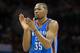 PHILADELPHIA, PA - MARCH 18: Kevin Durant #35 of the Oklahoma City Thunder reacts in the game against the Philadelphia 76ers on March 18, 2016 at the Wells Fargo Center in Philadelphia, Pennsylvania. The Thunder defeated the 76ers 111-97. NOTE TO USER: Us