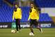 LONDON, ENGLAND - MARCH 16: Pierre-Emerick Aubameyang of Borussia Dortmund takes part in a drill during a training session ahead of the UEFA Europa League round of 16 second leg match between Tottenham Hotspur FC and Borussia Dortmund at White Hart Lane