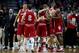 DES MOINES, IA - MARCH 19: The Indiana Hoosiers celebrate defeating Kentucky Wildcats 73 to 67 during the second round of the 2016 NCAA Men's Basketball Tournament at Wells Fargo Arena on March 19, 2016 in Des Moines, Iowa. (Photo by Jonathan Daniel/Get
