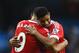 MANCHESTER, ENGLAND - MARCH 20: Winning goalscorer Marcus Rashford of Manchester United (R) and team mates Anthony Martial (C) and Timothy Fosu-Mensah celebrate victory after the Barclays Premier League match between Manchester City and Manchester United