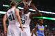 BOSTON, MA - JANUARY 27: Jae Crowder #99 of the Boston Celtics congratulates Kelly Olynyk #41 after he scored against the Denver Nuggets during the third quarter at TD Garden on January 27, 2016 in Boston, Massachusetts. NOTE TO USER: User expressly ackn
