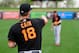 Feb 19, 2016; Scottsdale, AZ, USA; San Francisco Giants starting pitcher Matt Cain (18) throws to starting pitcher Jeff Samardzija (29) during a workout at Scottsdale Stadium. Mandatory Credit: Matt Kartozian-USA TODAY Sports