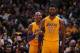 LOS ANGELES, CA - MARCH 22: Kobe Bryant #24 and Roy Hibbert #17 of the Los Angeles Lakers during the game against the Memphis Grizzlies on March 22, 2016 at STAPLES Center in Los Angeles, California. NOTE TO USER: User expressly acknowledges and agrees t