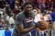 Jan 30, 2016; Philadelphia, PA, USA; Philadelphia 76ers center Joel Embiid practices before a game against the Golden State Warriors at Wells Fargo Center. The Golden State Warriors won 108-105. Mandatory Credit: Bill Streicher-USA TODAY Sports