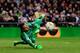 Real Madrid's Costa Rican goalkeeper Keylor Navas stops a penalty during the Spanish league football match Real Madrid CF vs Sevilla FC at the Santiago Bernabeu stadium in Madrid on March 20, 2016. / AFP / PIERRE-PHILIPPE MARCOU (Photo credit shou