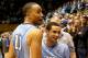 DURHAM, NC - MARCH 05: Teammates Brice Johnson #11 and Marcus Paige #5 of the North Carolina Tar Heels celebrate after defeating the Duke Blue Devils 76-72 after their game at Cameron Indoor Stadium on March 5, 2016 in Durham, North Carolina. (Photo by