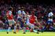 LONDON, ENGLAND - APRIL 17 : Francis Coquelin of Arsenal and Yohan Cabaye of Crystal Palace battle it out as Mohamed Elneny of Arsenal and Yannick Bolaise of Crystal Palace look on during the Barclays Premier League match between Arsenal and Crystal Pala